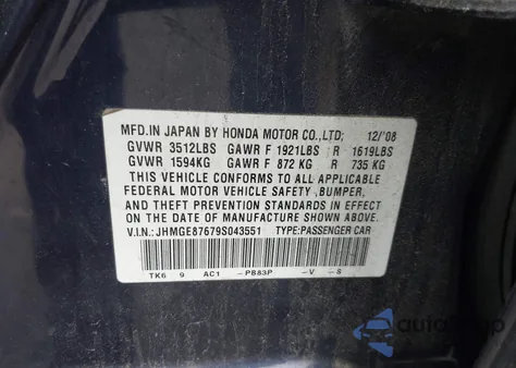 2009 Honda Fit Sport z USA, uszkodzony, nr VIN JHMGE87679S043551